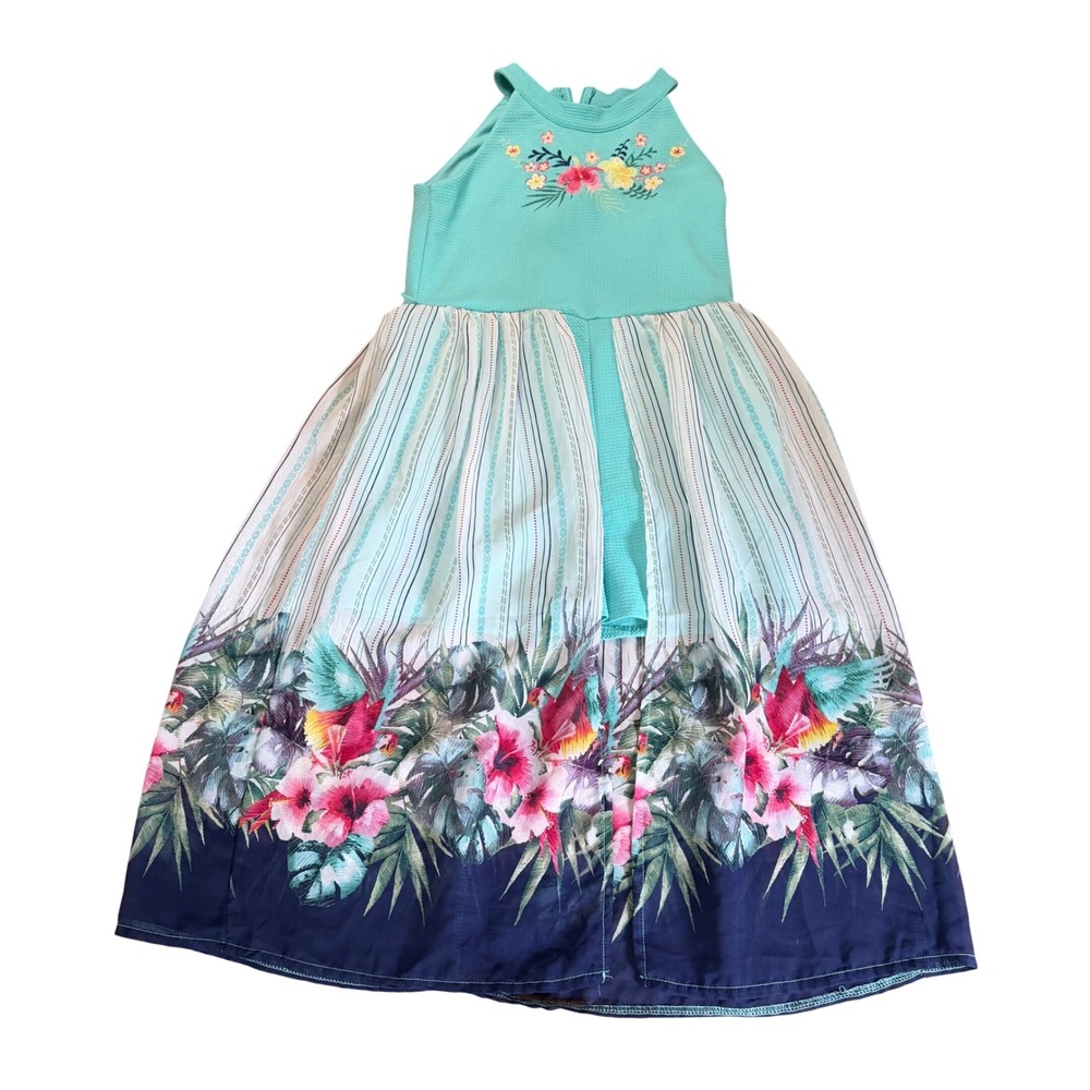Knit Works Girls Aqua Tropical Floral Walk Through Romper Maxi Dress Size 16